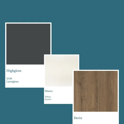 Finish samples chosen for a Stova kitchen: high gloss, white quartz and wood